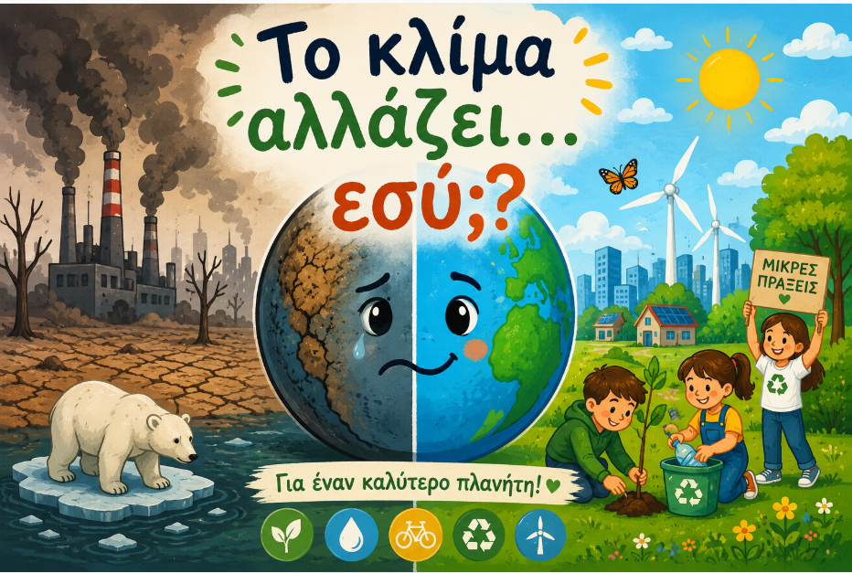 Εικόνα για την κλιματική αλλαγή με το σύνθημα «Το κλίμα αλλάζει... εσύ;» και εικόνες που παρουσιάζουν τις επιπτώσεις της ρύπανσης και τρόπους προστασίας του περιβάλλοντος.