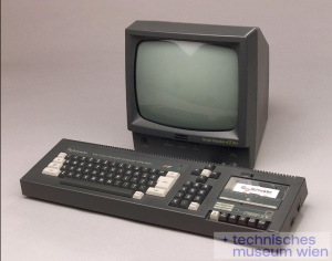 υπολογιστής Amstrad CPC 464, απεικονίζεται οθόνη και πληκτρολόγιο